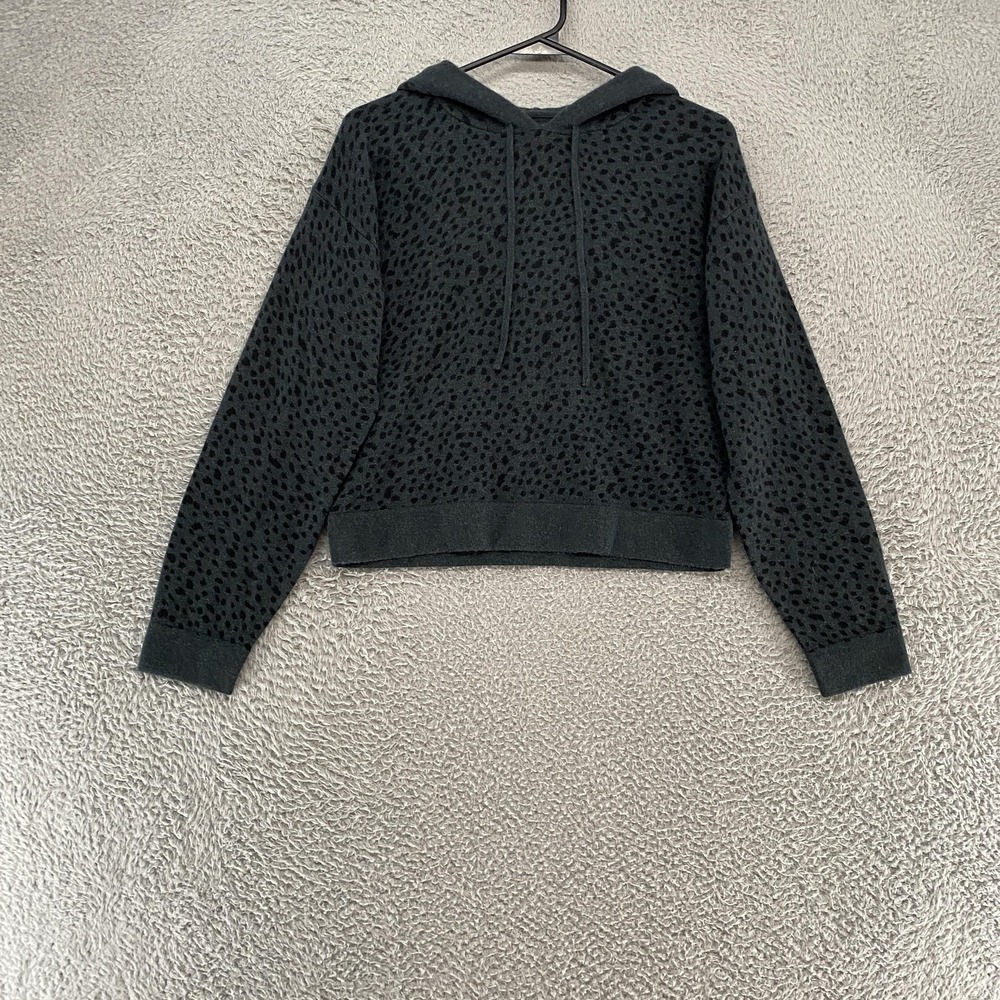 Naadam 100% Cashmere Hoodie Womens XS Green Leopard‎ Boxy Crop Pullover Knit
